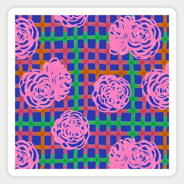 Roses on Plaid Pattern - Blue Magnet by MitaDreamDesign